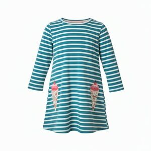Boutique Girls Teal Striped Ice Cream Applique Dress | 100% Cotton | Sz 5/6